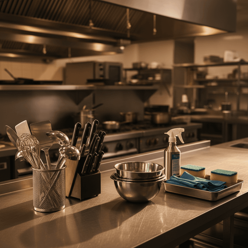 Kitchen supplies, utensils, and prep equipment for restaurants