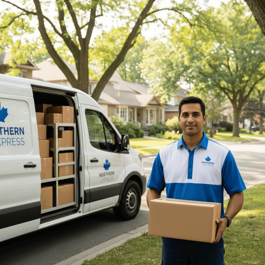 Delivery driver with package and logistics van