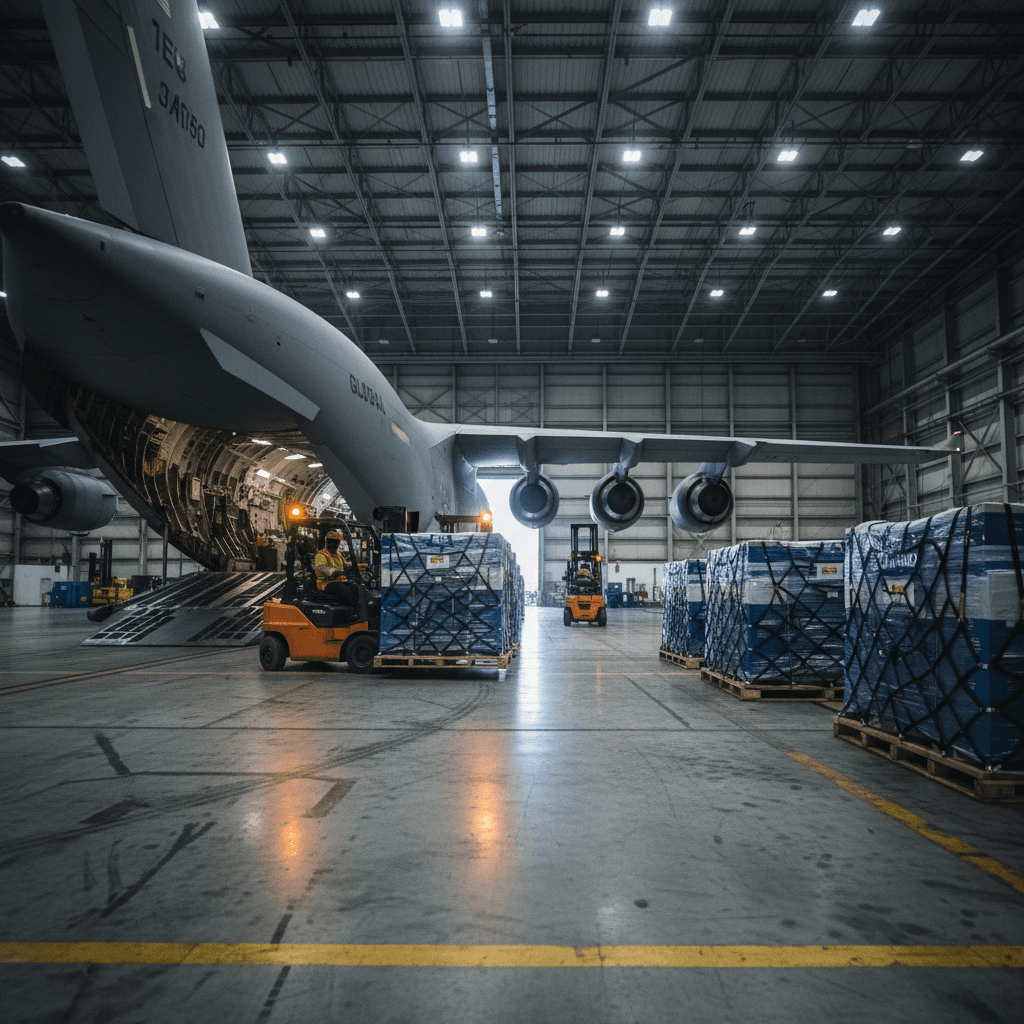 Air freight loading operation with pallets and cargo aircraft
